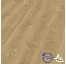 Laminátová podlaha se vzhledem dubu se strukturou a suky. Voděodolná po dobu 72 hodin a povrch odolný proti poškrábání.