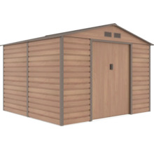 Kovový zahradní domek s dekorem dřeva, sedlovou střechou a dvoukřídlými dveřmi.