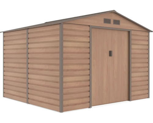 Kovový zahradní domek s dekorem dřeva, sedlovou střechou a dvoukřídlými dveřmi.