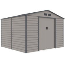 Šedý kovový zahradní domek se sedlovou střechou, dvoukřídlými posuvnými dveřmi a větracími otvory.