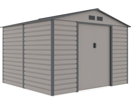 Šedý kovový zahradní domek se sedlovou střechou, dvoukřídlými posuvnými dveřmi a větracími otvory.