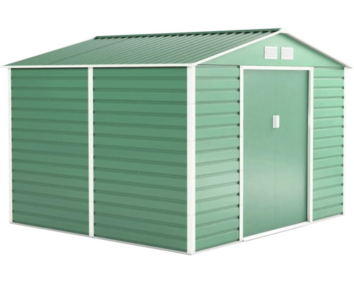 Zelený kovový zahradní domek s bílým rámem, sedlovou střechou, dvojitými posuvnými dveřmi a větracími otvory.