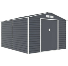 Kovový zahradní domek se sedlovou střechou a posuvnými dveřmi, antracitový s bílým lemováním a větracími mřížkami.