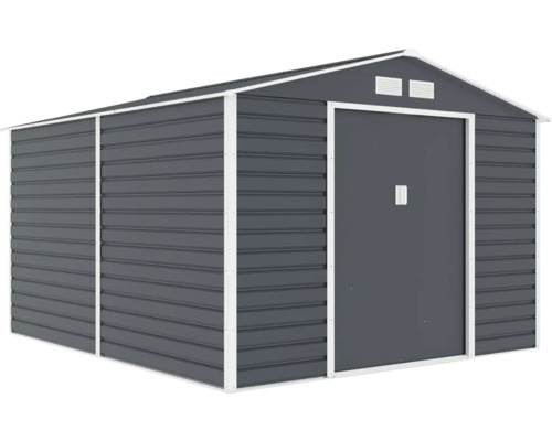 Kovový zahradní domek se sedlovou střechou a posuvnými dveřmi, antracitový s bílým lemováním a větracími mřížkami.