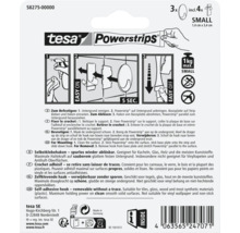 Zadní strana balení nalepovacích háčků tesa Powerstrips Small s ilustrovaným návodem k montáži a odstranění a technickými údaji o produktu.