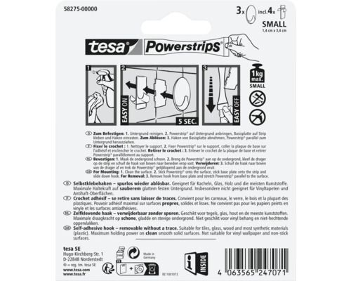 Zadní strana balení nalepovacích háčků tesa Powerstrips Small s ilustrovaným návodem k montáži a odstranění a technickými údaji o produktu.