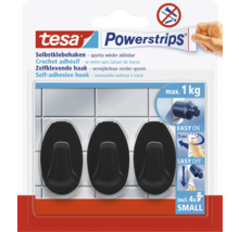 Logo tesa, Powerstrips háček Small, oválný, černý, 3 kusy, 4 lepicí proužky, nosnost maximálně 1 kilogram, bez vrtání, odstranitelný beze stop.