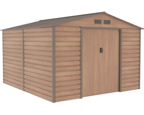 Kovový zahradní domek ve vzhledu dřeva se sedlovou střechou a dvojitými posuvnými dveřmi.