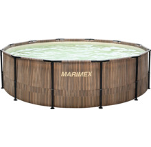 Kruhový nadzemní bazén Marimex s kovovým rámem a stěnou s motivem dřeva.
