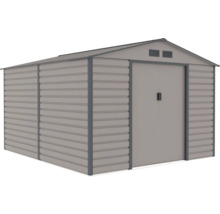 Šedý kovový domek na nářadí se sedlovou střechou, dvojitými posuvnými dveřmi a větracími otvory.