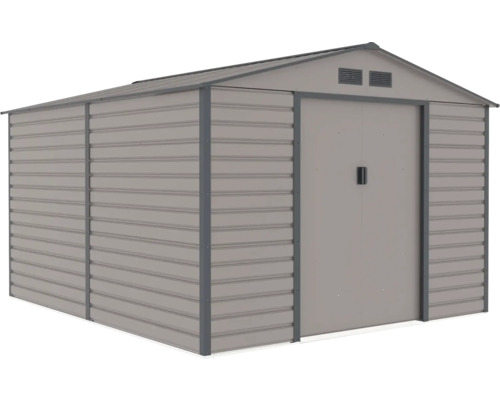 Šedý kovový domek na nářadí se sedlovou střechou, dvojitými posuvnými dveřmi a větracími otvory.