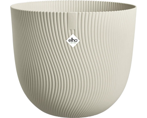 Krémově bílý kulatý plastový květináč Elho se svislou vlnitou strukturou a logo Elho.