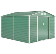 Zelený kovový zahradní domek se sedlovou střechou a dvojitými posuvnými dveřmi.