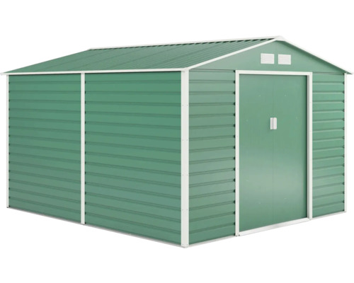 Zelený kovový zahradní domek se sedlovou střechou a dvojitými posuvnými dveřmi.