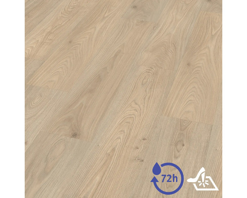 Laminátová podlaha se vzhledem dubu s kresbou dřeva, odolná proti vodě po dobu 72 hodin a odolná proti opotřebení.