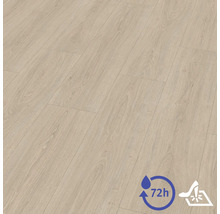 Laminátová podlaha ve vzhledu dubu s realistickou kresbou dřeva, voděodolná po dobu 72 hodin, povrch odolný proti poškrábání.