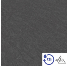 Podlahová krytina ve vzhledu kamene antracit se symboly pro 72hodinovou odolnost proti vodě a odolnost proti vysokým podpatkům.