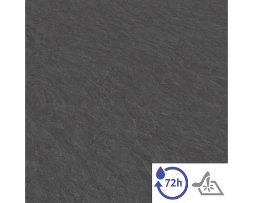 Podlahová krytina ve vzhledu kamene antracit se symboly pro 72hodinovou odolnost proti vodě a odolnost proti vysokým podpatkům.