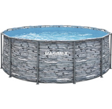Kulatý bazén s rámovou konstrukcí Marimex s motivem kamene a šedým kovovým rámem, naplněný vodou.