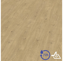 Laminátová podlaha se vzhledem dřeva, strukturou a suky. Symboly pro 72hodinovou ochranu proti vodě a odolnost proti nárazu.