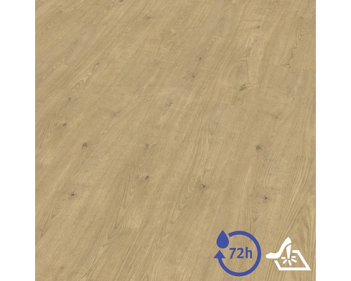 Laminátová podlaha se vzhledem dřeva, strukturou a suky. Symboly pro 72hodinovou ochranu proti vodě a odolnost proti nárazu.
