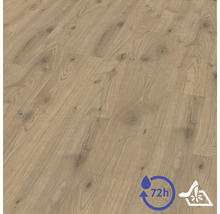 Laminátová podlaha se strukturou dubu a suky, odolná proti vodě 72 hodin a odolná proti vysokému bodovému zatížení.