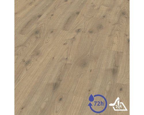 Laminátová podlaha se strukturou dubu a suky, odolná proti vodě 72 hodin a odolná proti vysokému bodovému zatížení.