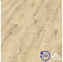 Laminátová podlaha ve vzhledu světlého dubu s uzly, voděodolná až 24 hodin a vysoce odolná.