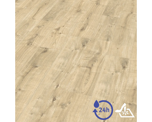 Laminátová podlaha ve vzhledu světlého dubu s uzly, voděodolná až 24 hodin a vysoce odolná.