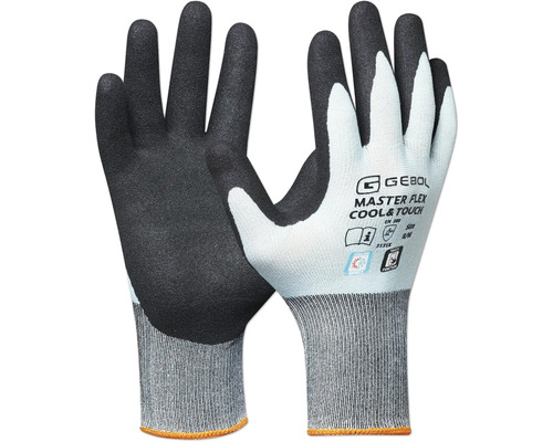 Montážní rukavice Gebol Master Flex Cool & Touch v šedé a černé barvě, velikost 8, bezešvý úplet s nitrilovým povrchem a funkcí touch.