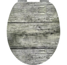 WC sedátko z MDF s rustikálním dřevěným dekorem a kovovými závěsy.