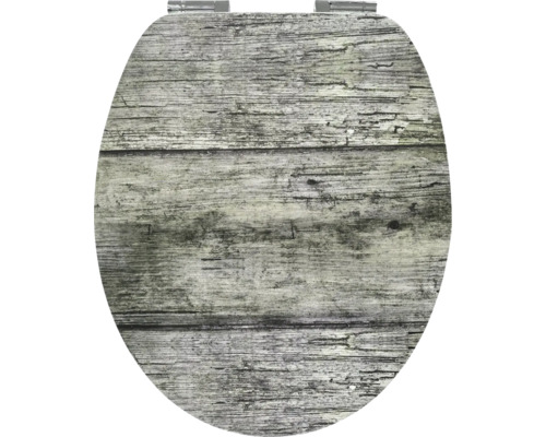 WC sedátko z MDF s rustikálním dřevěným dekorem a kovovými závěsy.