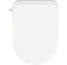 Bílé záchodové sedátko ve tvaru D z plastu pro standardní toalety.