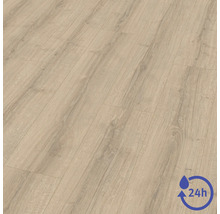 Laminátová podlaha s dřevěnou strukturou a 24hodinovou ochranou proti vodě.