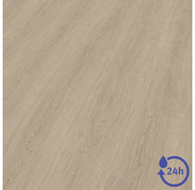 Laminátová podlaha s dekorem dubu a strukturou dřeva, voděodolná až 24 hodin.