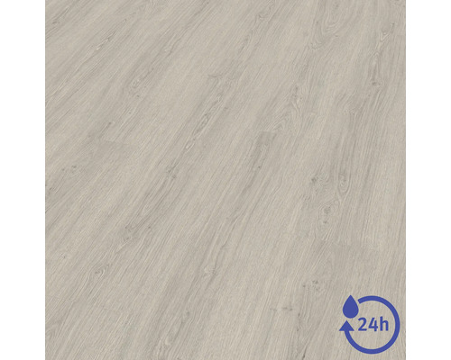Laminátová podlaha ve světlém dekoru dřeva s 24hodinovou ochranou proti vodě.