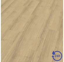 Laminátová podlaha ve vzhledu světlého dubu s kresbou dřeva, odolná proti vodě po dobu 24 hodin.