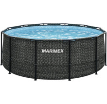 Kulatý bazén Marimex s konstrukcí, tmavě šedým ratanovým vzorem, modrou vnitřní mozaikou a černým kovovým rámem.