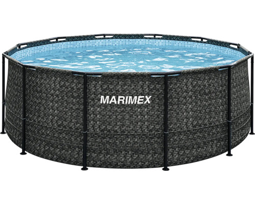 Kulatý bazén Marimex s konstrukcí, tmavě šedým ratanovým vzorem, modrou vnitřní mozaikou a černým kovovým rámem.