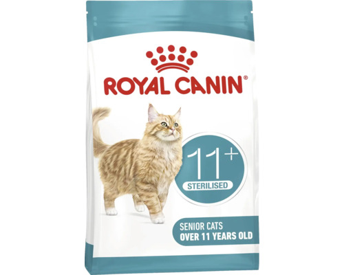 Krmivo pro kočky Royal Canin pro sterilizované kočičí seniory nad 11 let s vyobrazením mourovaté kočky.