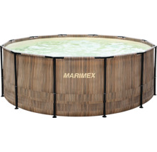 Nadzemní bazén Marimex v dekoru dřeva s černým kovovým rámem, naplněný vodou.