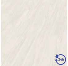 Laminátová podlaha ve vzhledu světlého dřeva se symbolem pro 24hodinovou odolnost proti vodě.