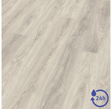 Laminátová podlaha s dekorem dřeva a čtyřiadvacetihodinovou odolností proti vodě.