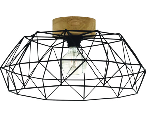 Stropní svítidlo s černou geometrickou drátěnou klecí a dřevěnou základnou včetně viditelného světelného zdroje.