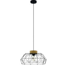 Závěsné svítidlo s černým geometrickým drátěným stínidlem, dřevěným prvkem a černým kabelem.