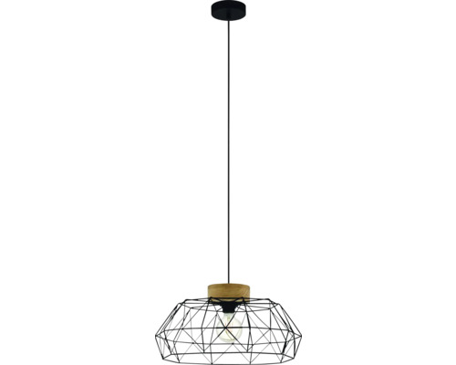 Závěsné svítidlo s černým geometrickým drátěným stínidlem, dřevěným prvkem a černým kabelem.