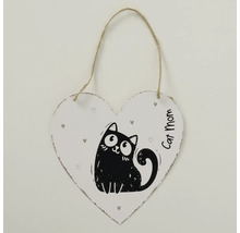 Závěsná dekorace ve tvaru srdce s ilustrací černé kočky, malými srdíčky a nápisem Cat Mom na jutovém provázku.