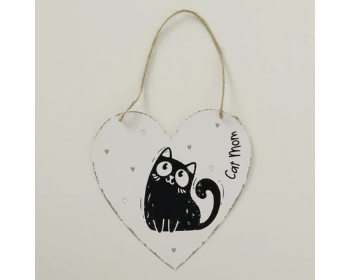 Závěsná dekorace ve tvaru srdce s ilustrací černé kočky, malými srdíčky a nápisem Cat Mom na jutovém provázku.