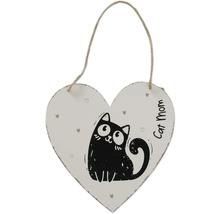 Dřevěná cedule ve tvaru srdce s jutovým provázkem, černou kočkou a textem Cat Mom.