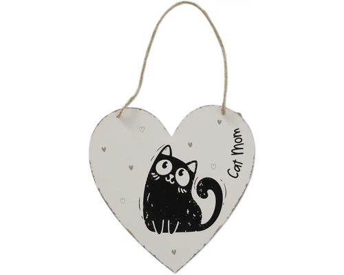 Dřevěná cedule ve tvaru srdce s jutovým provázkem, černou kočkou a textem Cat Mom.